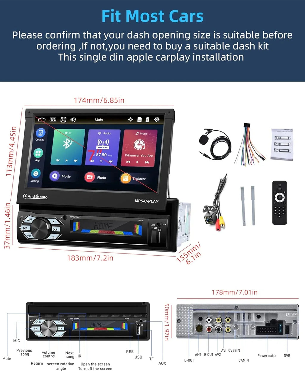 with Link,with Receivers Mirror Car Carplay Bluetooth,7 Car Stereo Phone Camera/ Port -in Auto Audio Support Out Radio,Car Flip Android Radio/Backup Inch Touchscreen