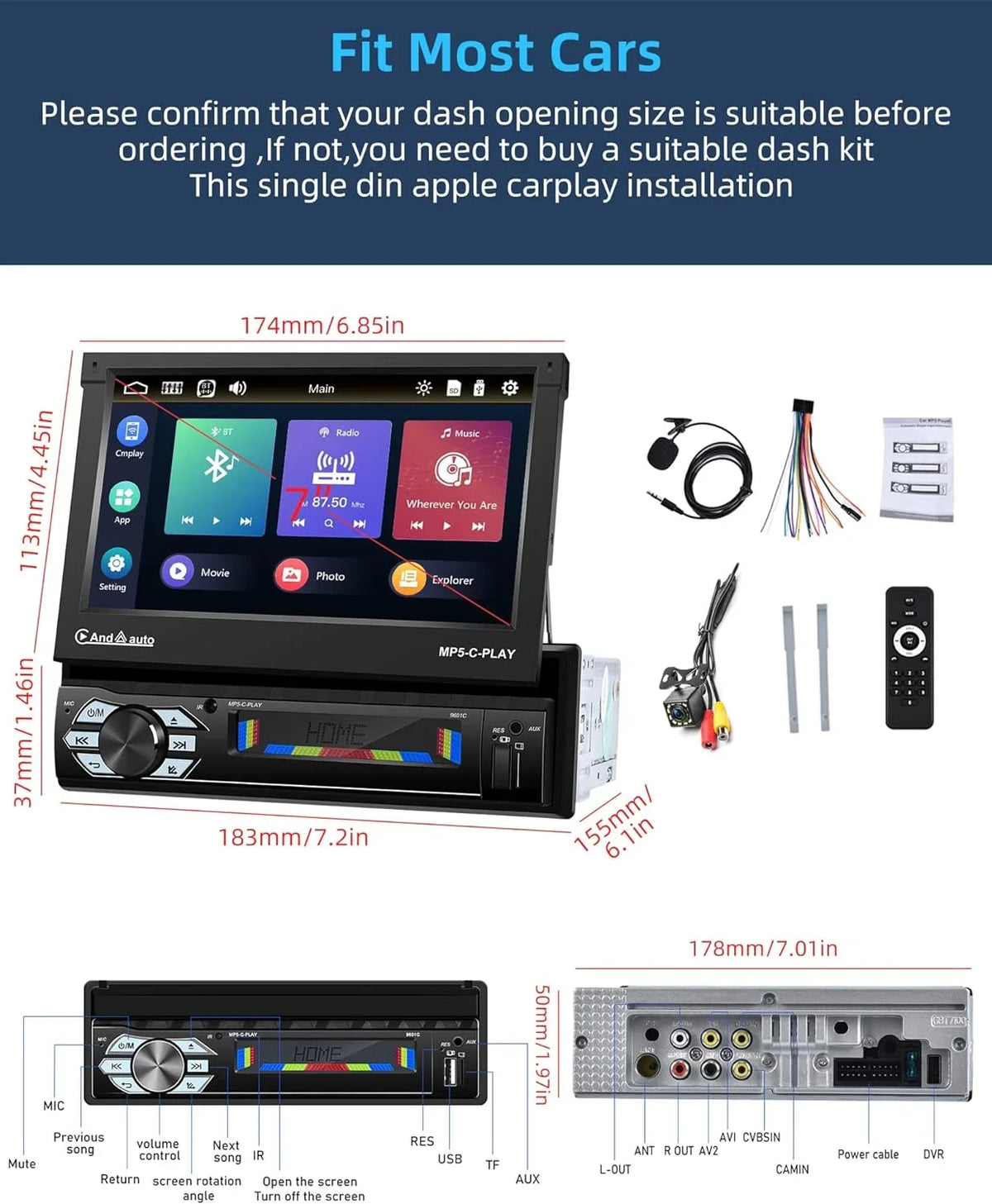 with Link,with Receivers Mirror Car Carplay Bluetooth,7 Car Stereo Phone Camera/ Port -in Auto Audio Support Out Radio,Car Flip Android Radio/Backup Inch Touchscreen