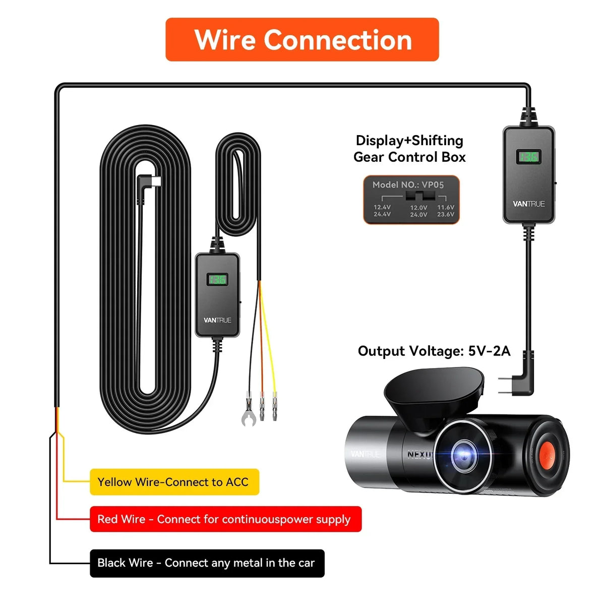 Vantrue Hardwiring with -C Screen Cable for (See listing) Dashcams