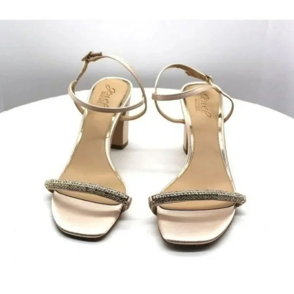 M 9.5 Strap Block Womens Toe Dress Round Beige Heeled Rhinestone Ankle Charlee Sandal Buckle Heel