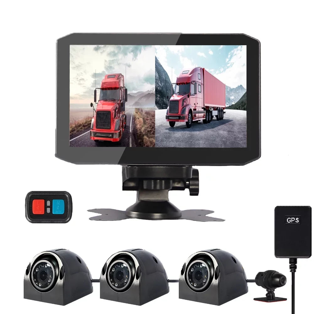Van 2 Cam 7.0'' & Backup Screen Semi 4CH Display , Dash 1080P Sides Infrared Truck Power Vision Monitor Voltage Rear for , Trailer Tractor Lens, Split Cameras, Night & Front Camera