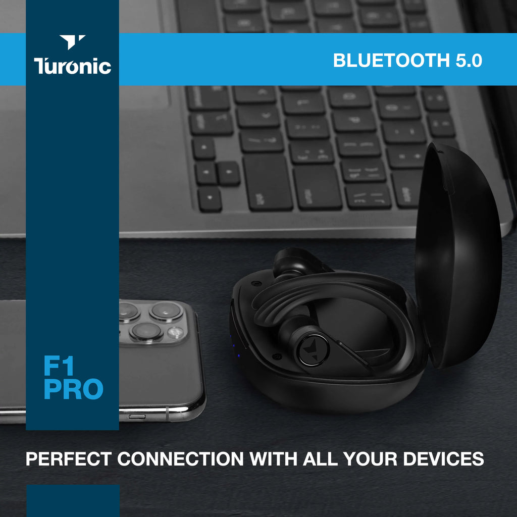 Earhook - for Charging Pro F1 Turonic Earbuds Headphones IPX7 Wireless Wireless True - 45H Running, Mic, Gym, case, with Sport w/Microphone Black Workout Playtime, - - Earphones Bluetooth Moistureproof