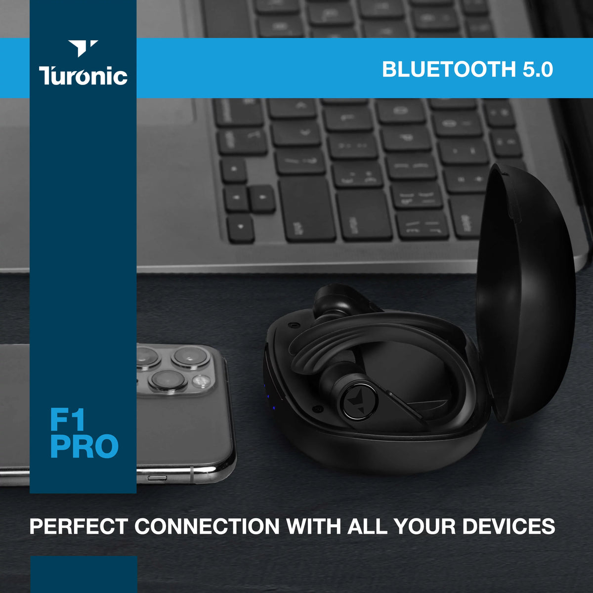 Earhook - for Charging Pro F1 Turonic Earbuds Headphones IPX7 Wireless Wireless True - 45H Running, Mic, Gym, case, with Sport w/Microphone Black Workout Playtime, - - Earphones Bluetooth Moistureproof