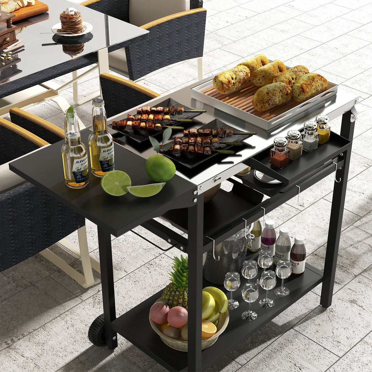 & & Tabletop, Shelf, Wheels, Bag Jars, with Outdoor Serving Hooks, Patio with Tiers Garbage with Island Cart 2 Spice Kitchen Seasoning Plates Stainless Towel Black & Bar Cart Holder, Steel
