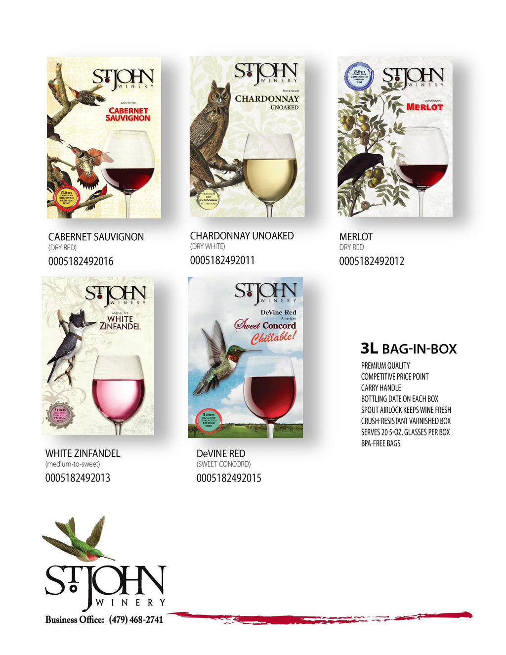 Each 13.5% Winery Red , Wine, John Servings-150ml -20 St. Sauvignon Cabernet Box Arkansas, 3L