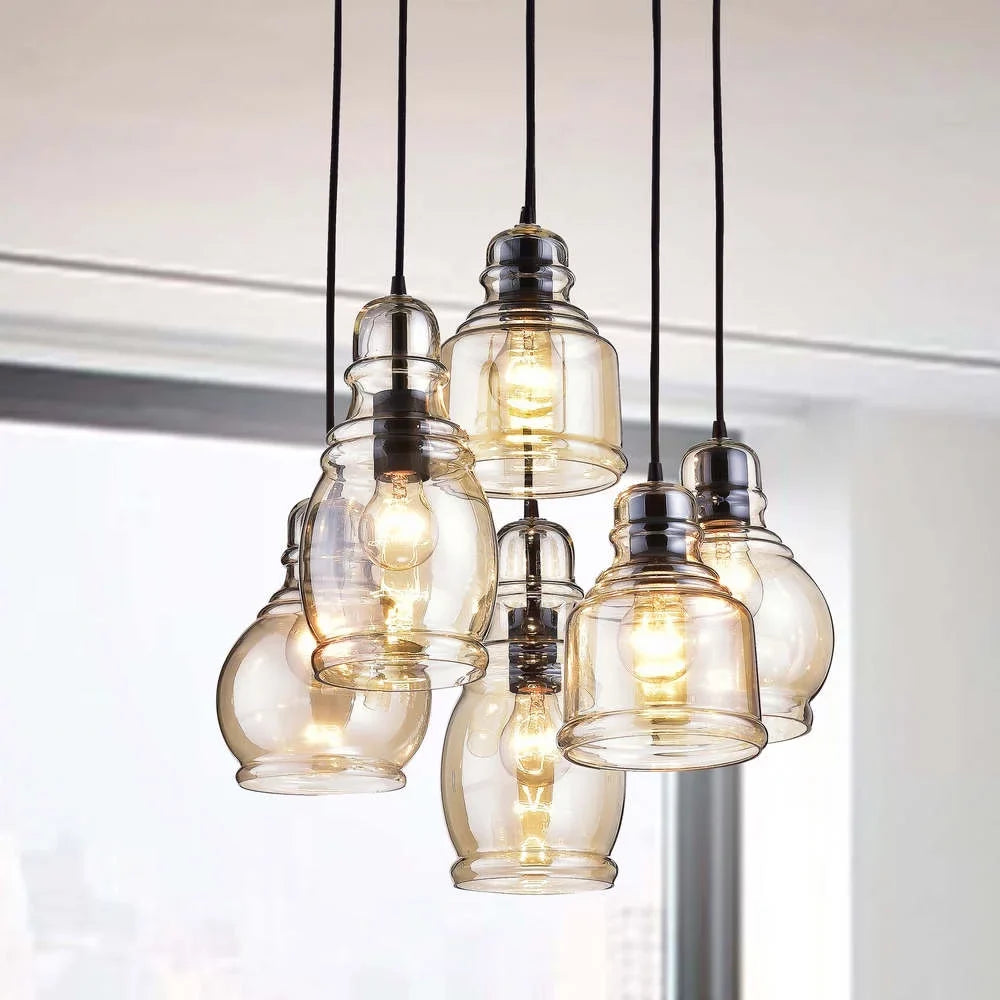 Black and Pendant Antique Base 6-light Glass The Store Mariana Round Lighting Cognac