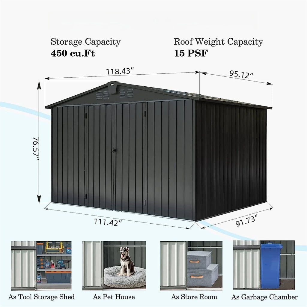 10'X Outdoor Door Tools, Shed Outdoor Storage Trash with 8', Can, Patio, for for CoSoTower Steel Cabinet Galvanized Metal Lawn Bike, Lockable Black) (10X8ft, Storage Shed Garden Backyard,