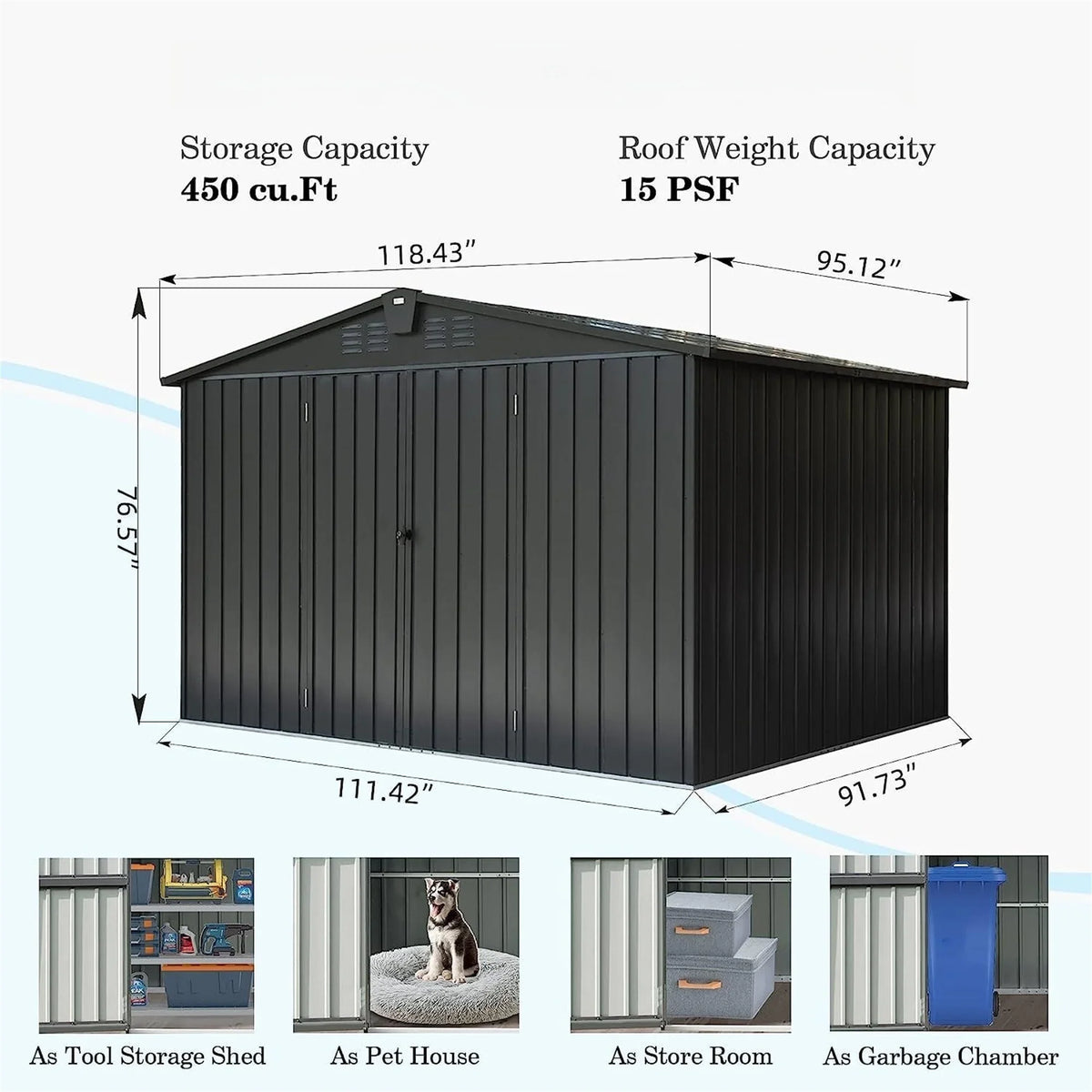 Door for Bike, 8', Lockable Storage Outdoor Can, Backyard, Garden Galvanized Storage with Lawn Outdoor Patio, Cabinet Tools, 10'x Shed Shed Metal Trash Steel for (10x8ft, Black)