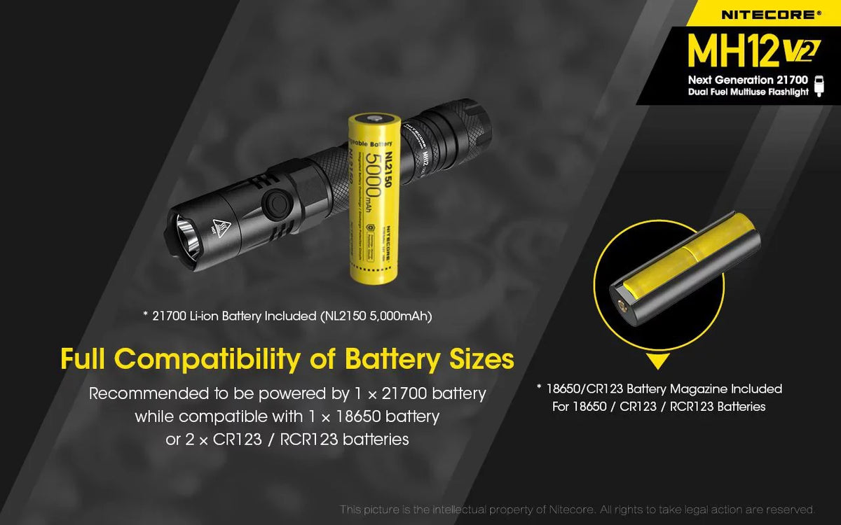 (Included) Nitecore V6 -L2 Battery -1200 Lumens V2 -21700 Flashlight MH12