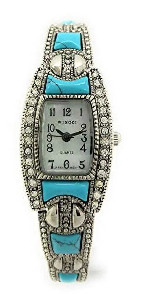 Stones (Silver Dial Metal Ladies Fashion Watch Pearl Bracelet Square Link Turquoise) Wincci