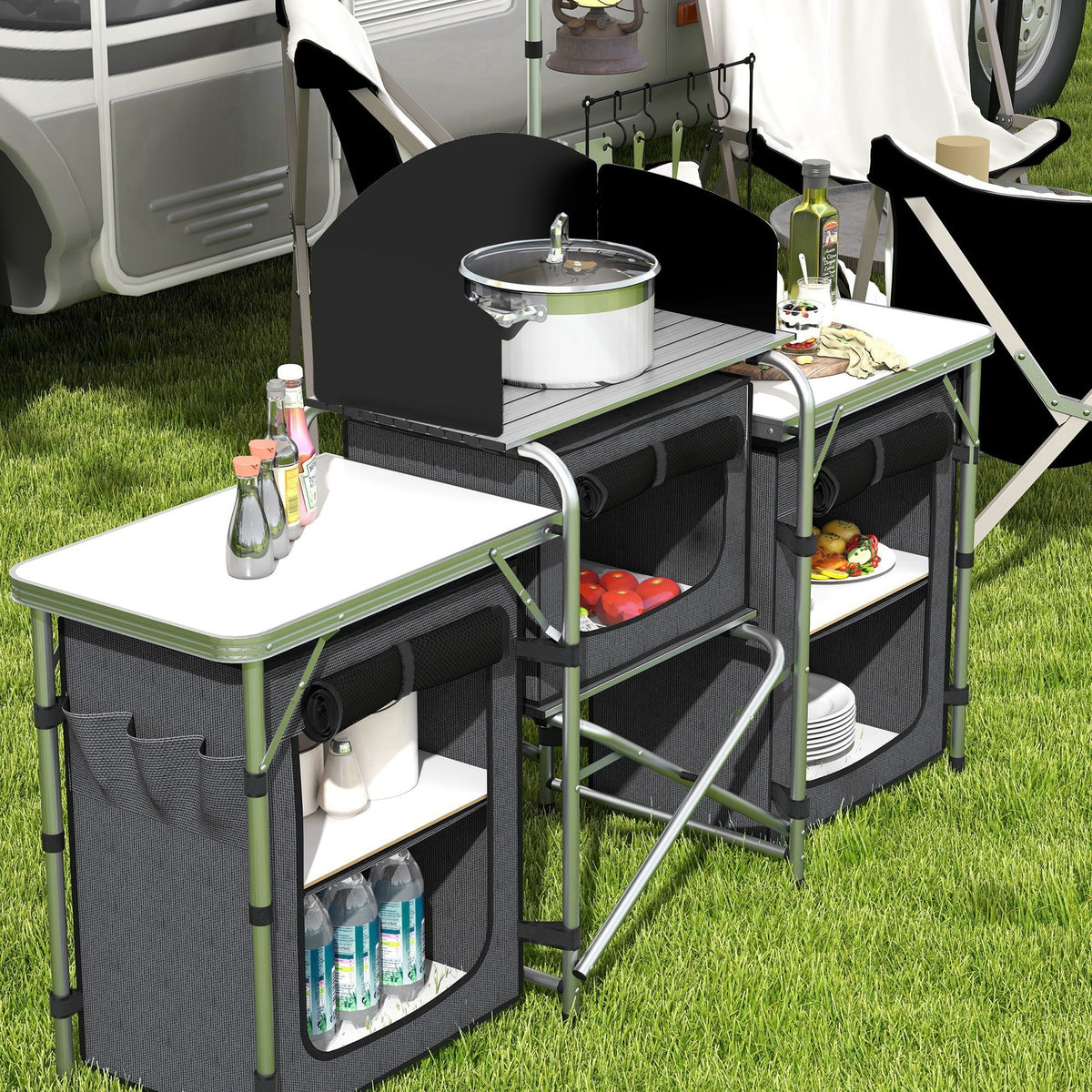 with Kitchen Black Fabric Camping Cupboards Windshield Folding Outsunny