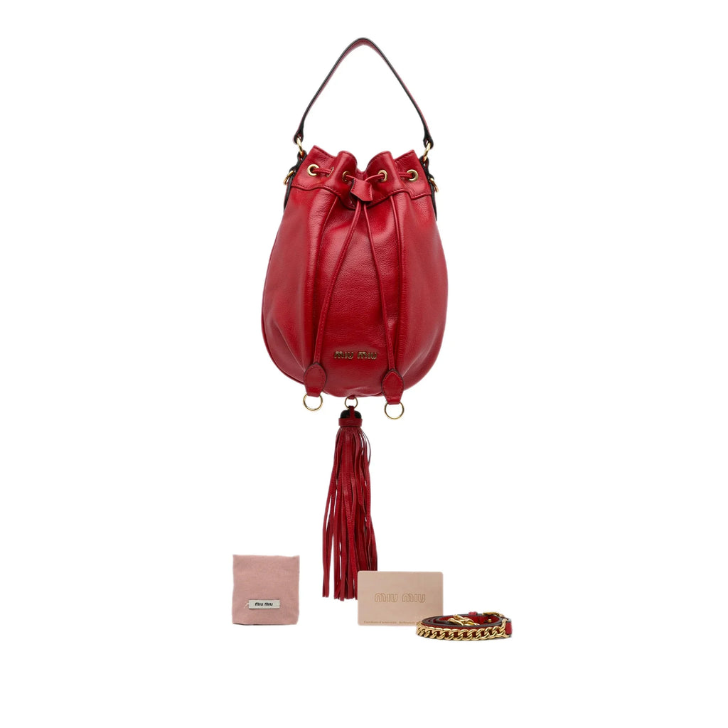 Miu Unisex Bucket Leather Accent Bag Pre-Owned (Good) Red Calf Tassel DrawstringBag Authenticated Miu