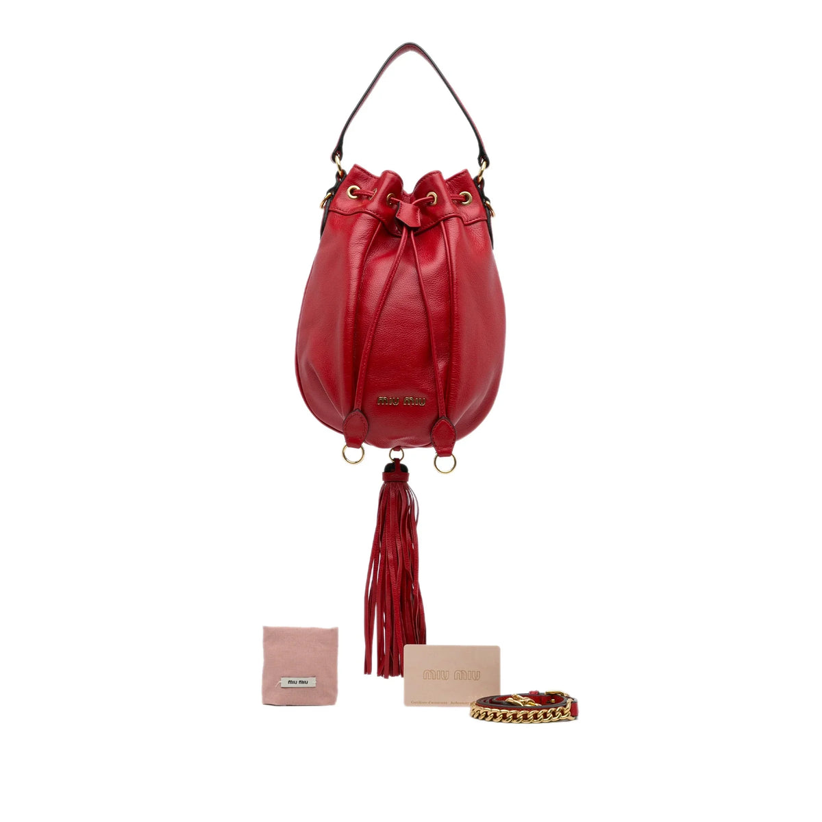Miu Unisex Bucket Leather Accent Bag Pre-Owned (Good) Red Calf Tassel DrawstringBag Authenticated Miu