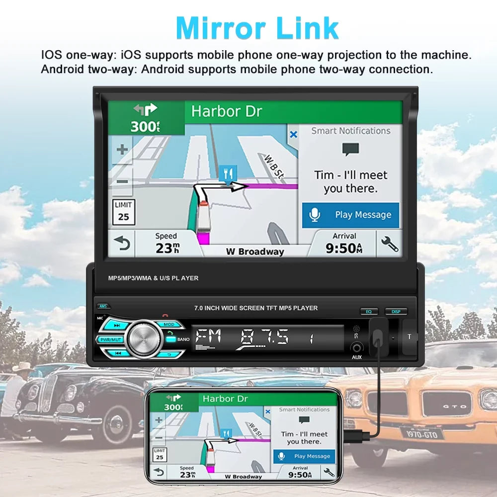 Retractable Function, Apple Auto Carplay Radio Link 7" Touchscreen Stereo Camera Player Car Video with Single Mirror Backup Android Bluetooth Universal 1 Podofo 12 Auto