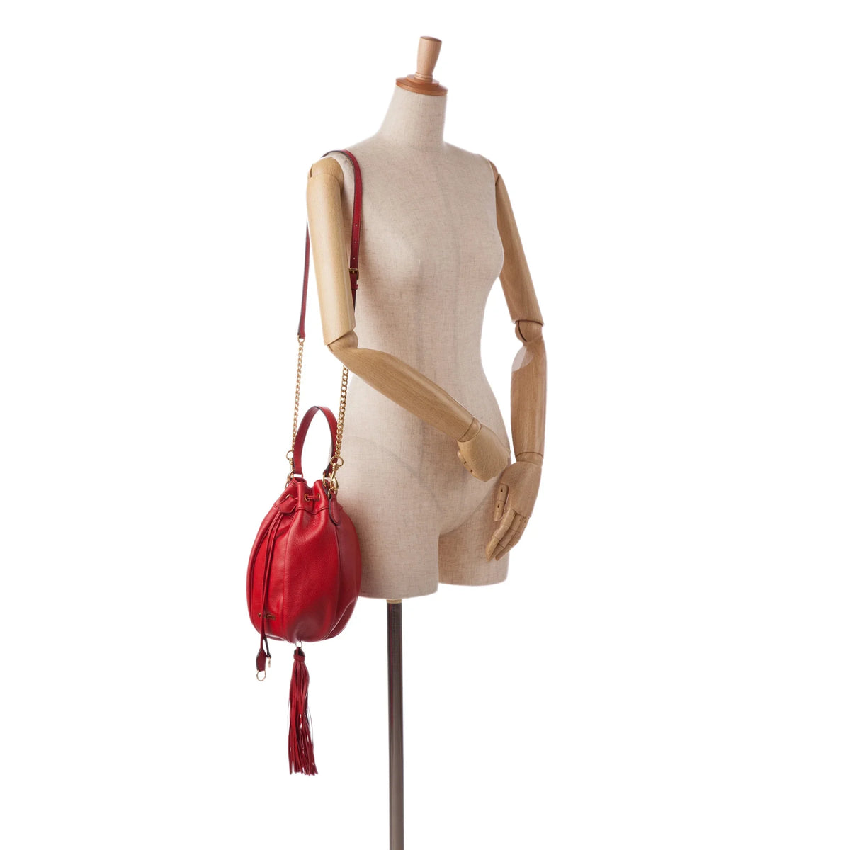 Miu Unisex Bucket Leather Accent Bag Pre-Owned (Good) Red Calf Tassel DrawstringBag Authenticated Miu