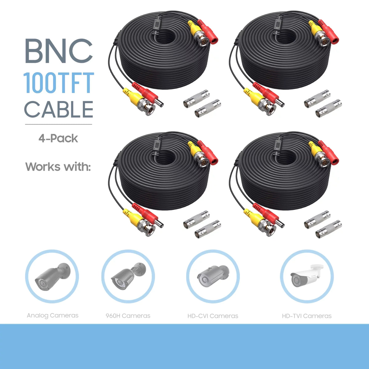Power Camera 100 Security 4 K- and Black feet Cable Universal Pack Pre-Made Video Cord of Wire 2-in-1 Siamese
