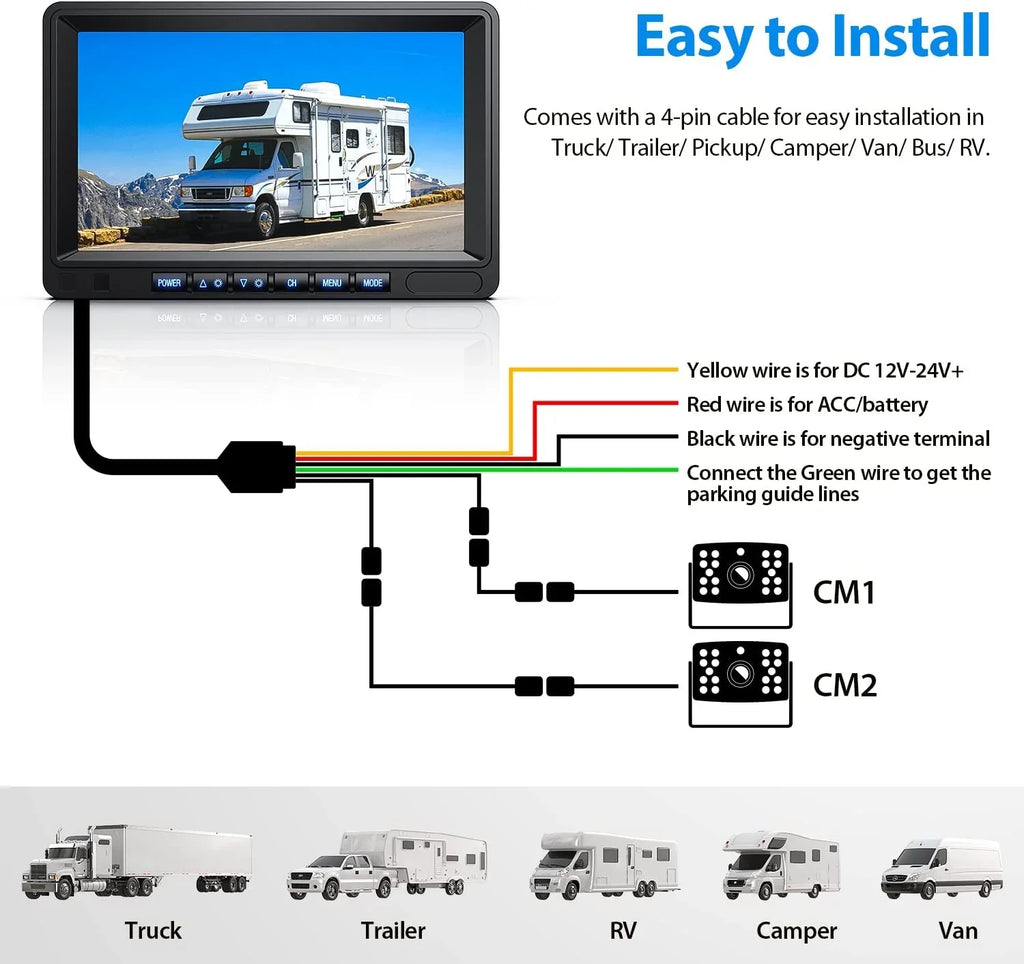 Button Camera View Night Systems, Camera Monitor, 1080P Rear Moistureproof IP69 Split for Clear Reverse Touch Kit Backup 7'' Vision /Trailer/Semi-Truck/Camper-BY702A Wired