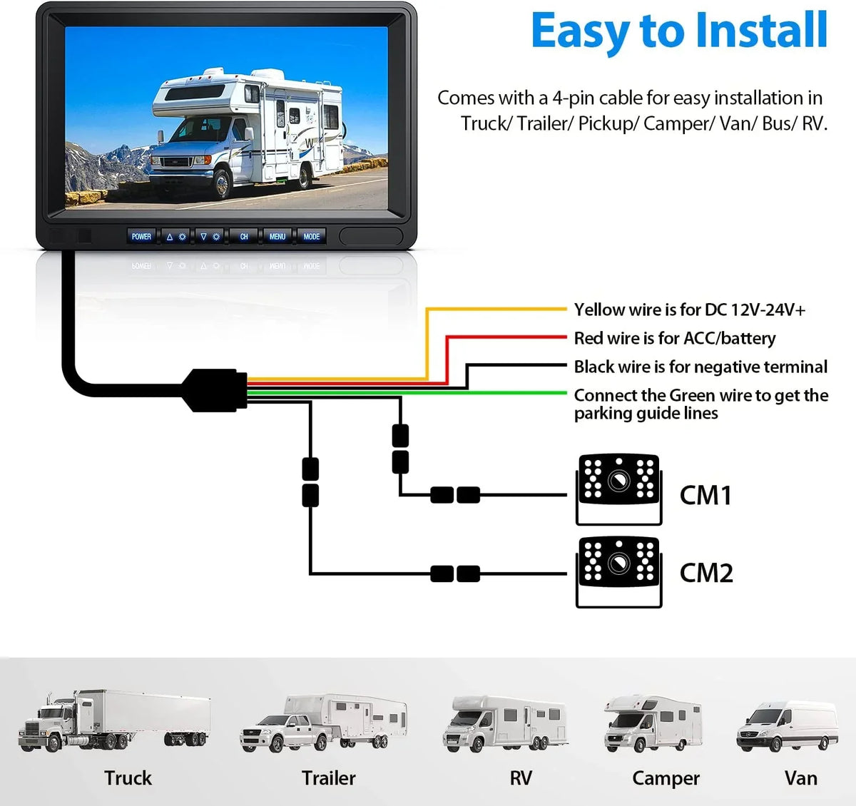 Button Camera View Night Systems, Camera Monitor, 1080P Rear Moistureproof IP69 Split for Clear Reverse Touch Kit Backup 7'' Vision /Trailer/Semi-Truck/Camper-BY702A Wired