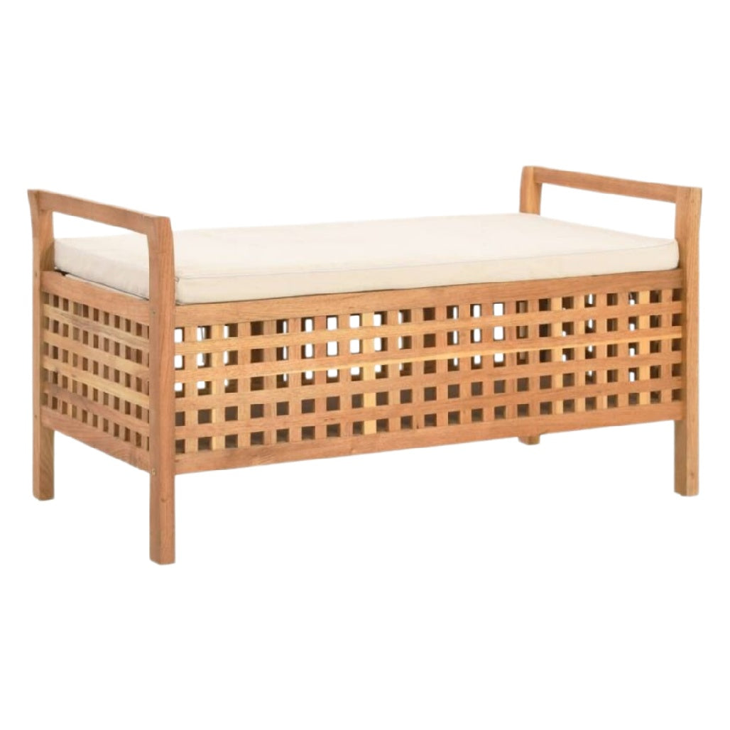 Schlichte Holzbank mit gepolstertem Sitz und Rattanstruktur