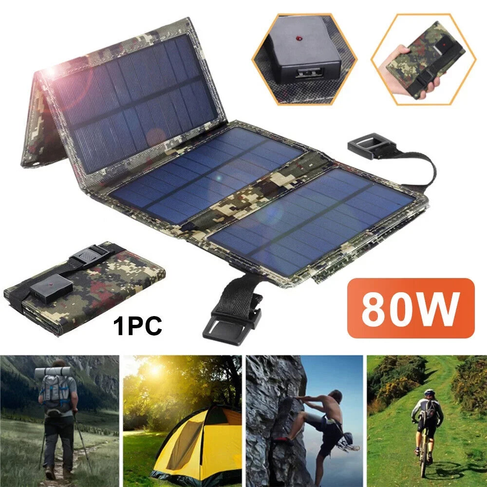 80W Power Charger Solar Panel Outdoor Phone Hiking Paddsun Camping Bank Folding
