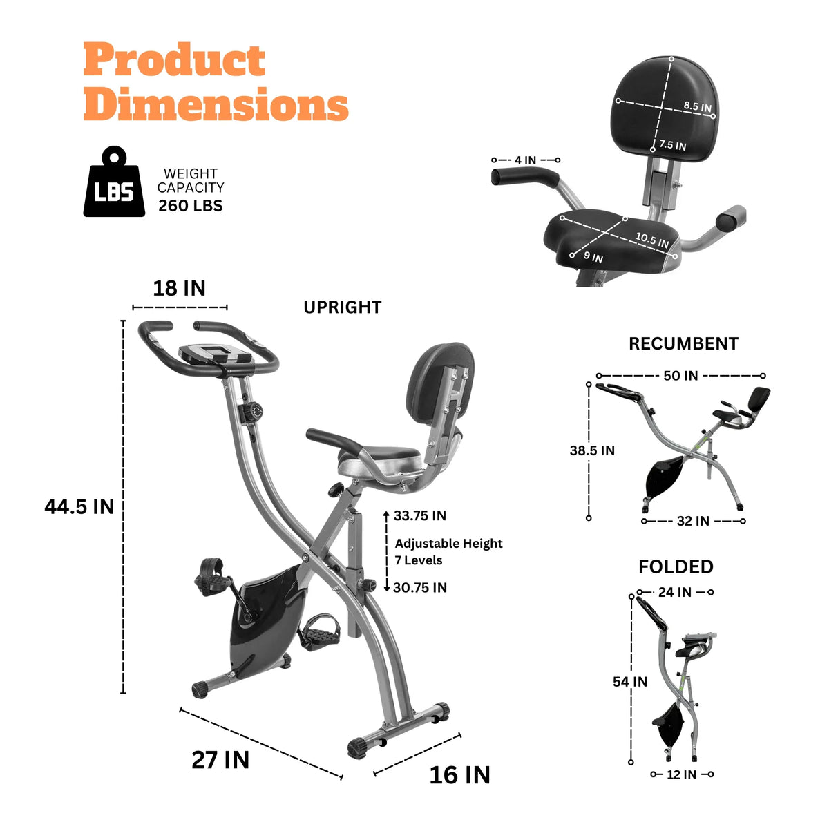 Recumbent Bike, Fitness Cycle Back Sensor, in of 3 Capacity, Cardio Rest, Exercise Levels Arm Heart Folding 260 Rate and Upright workout, Adjustment 8 1 Home Bike Stationary
