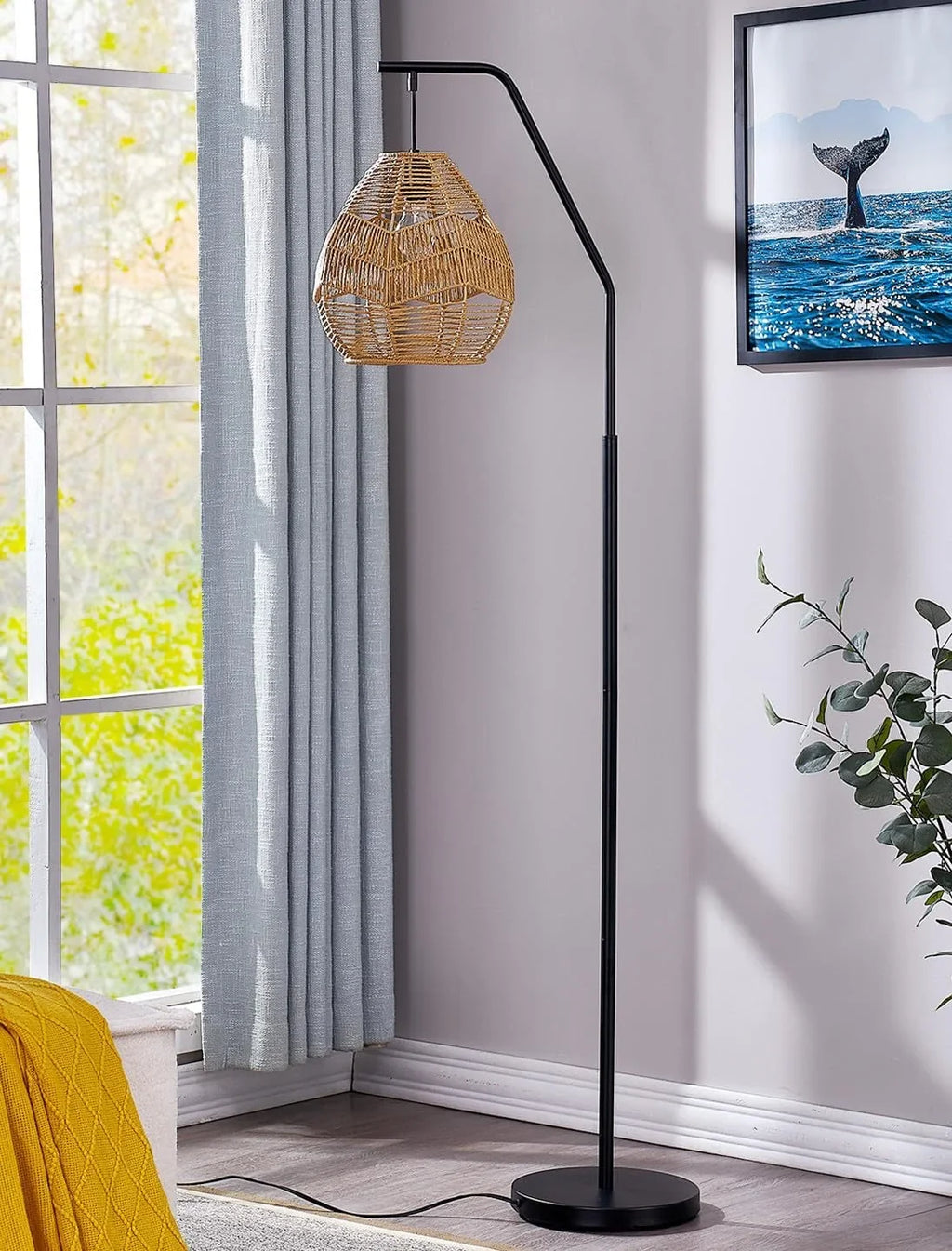 Shade, Lamp Boho Floor with Rattan Farmhouse Woven Lamp Rattan Larger Maxax Black Lamp Standing Arc
