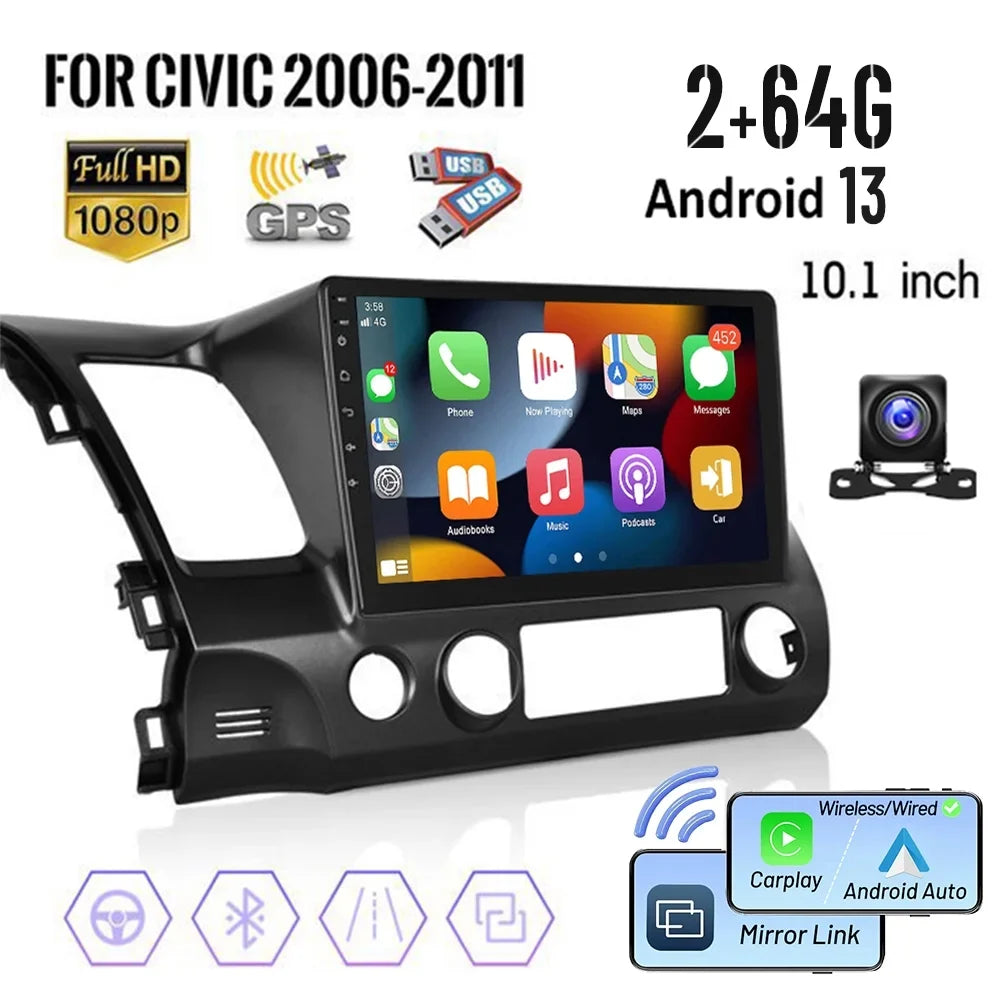 Auto Radio Android Backup for Bluetooth, Car 10'' Civic 13 Carplay Podofo Android 1080P Mirror Camera Wireless Touchscreen Honda Link 2+64G 2006-2011 Hifi Stereo
