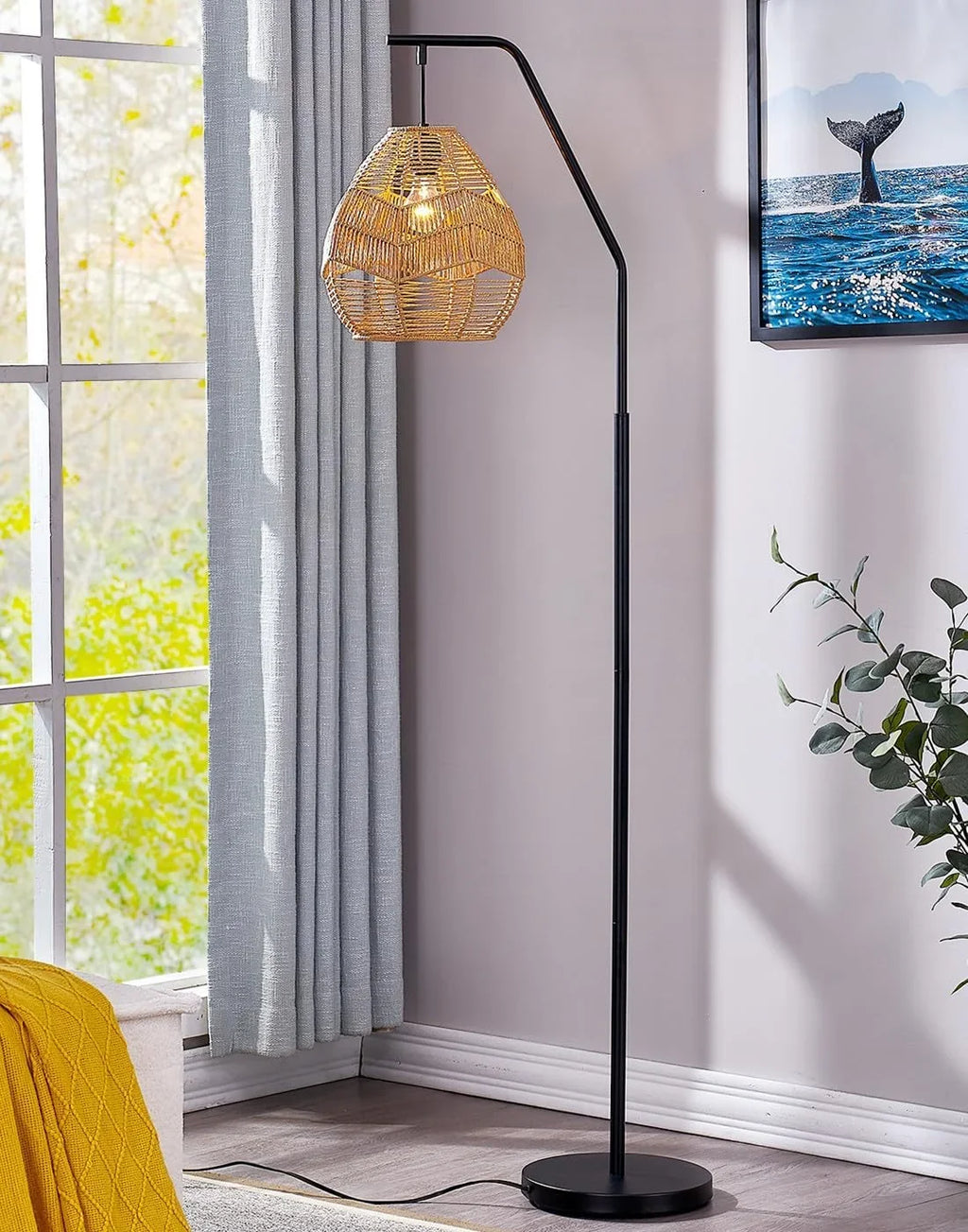 Shade, Lamp Boho Floor with Rattan Farmhouse Woven Lamp Rattan Larger Maxax Black Lamp Standing Arc