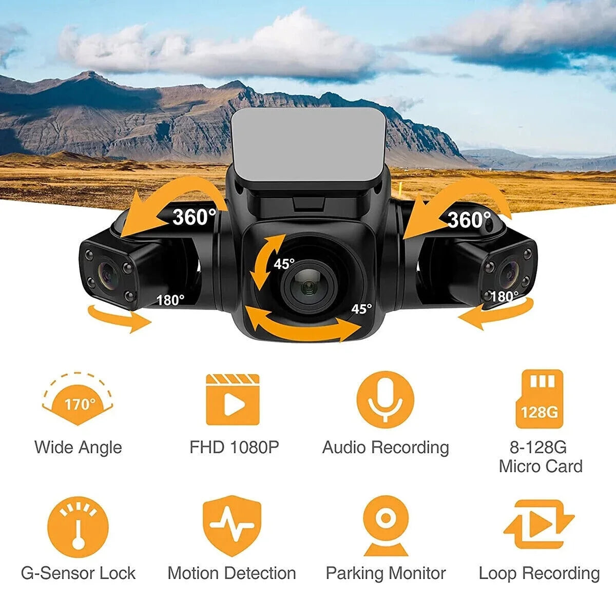 3 Channel Front, Rear, Dash Cameras Cam Driving Car Recorder and Inside, Right 360°Panoramic Vision Night Rear and Left, Front
