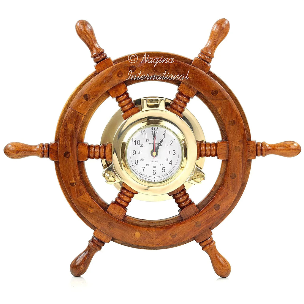 Nautical Premium Inches) Vintage | Hanging Clock Wheel | Wall Gift (42 Wide Brass | International Ship Porthole Numerals Nagina