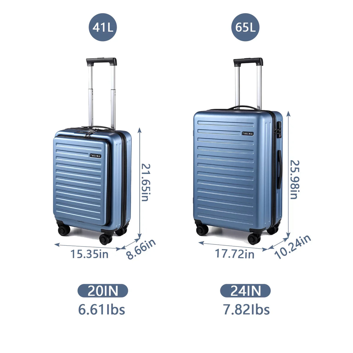 Inch Front Hardshell with Blue 2 20 with Expandle, & & Pocket + Only Wheels, 20 65L, + Lightweight Suitcase Inch 20/24 Laptop Piece Spinner 24 Ice Set, Lock Luggage 37~41L