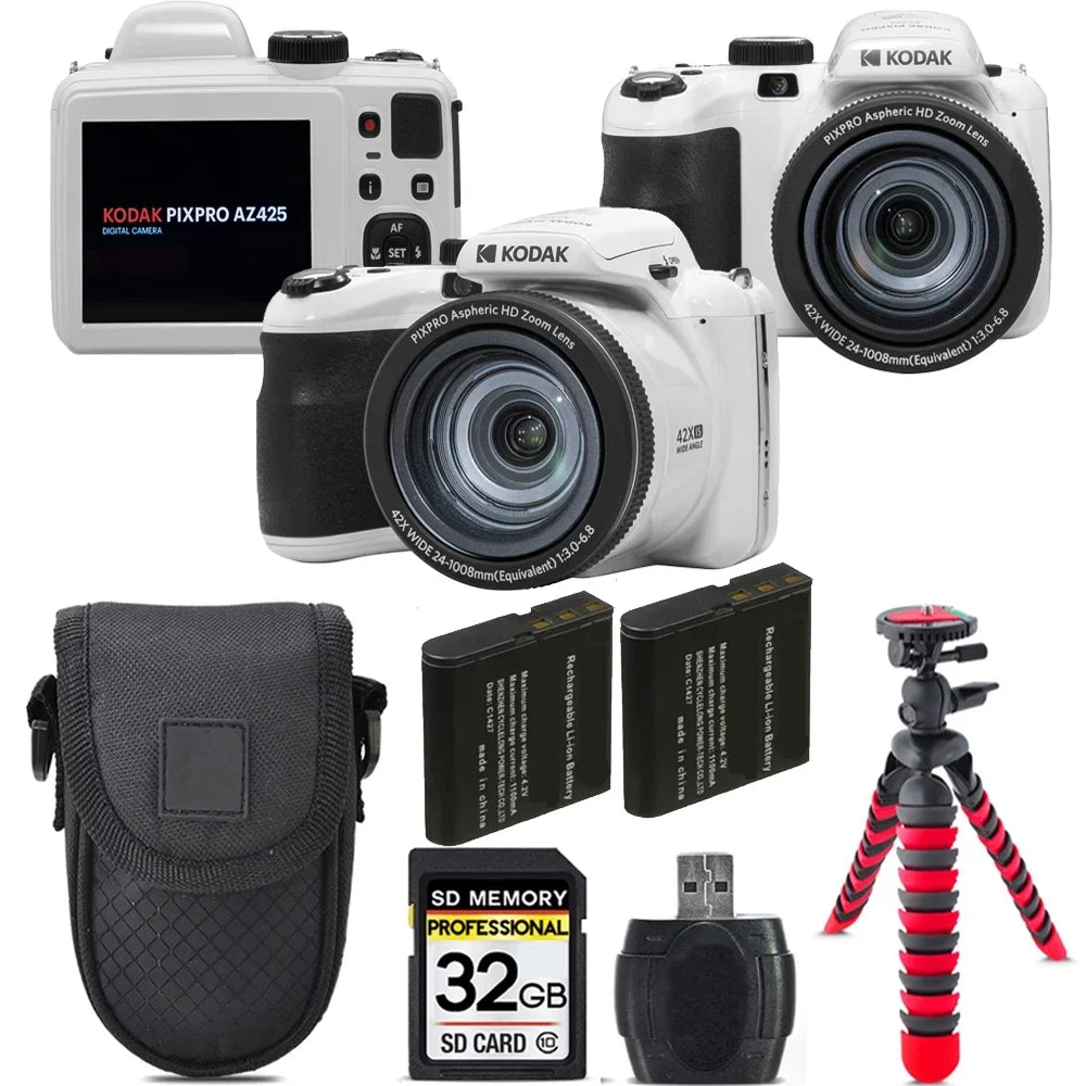 '+ Case Camera + Battery Digital -32GB +Tripod Kodak Extra AZ425 Kit (White)