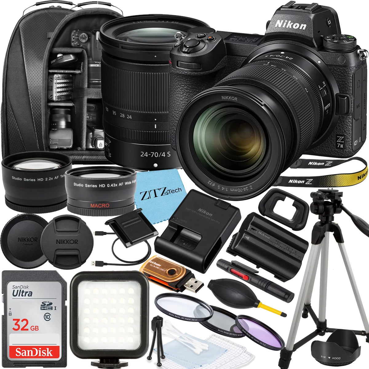 Memory Nikon 32GB SanDisk Tripod ZeeTech 24-70mm f/4 Accessory and with Card, S Flash, Camera Backpack, Z Z7 Lens, Mirrorless Bundle