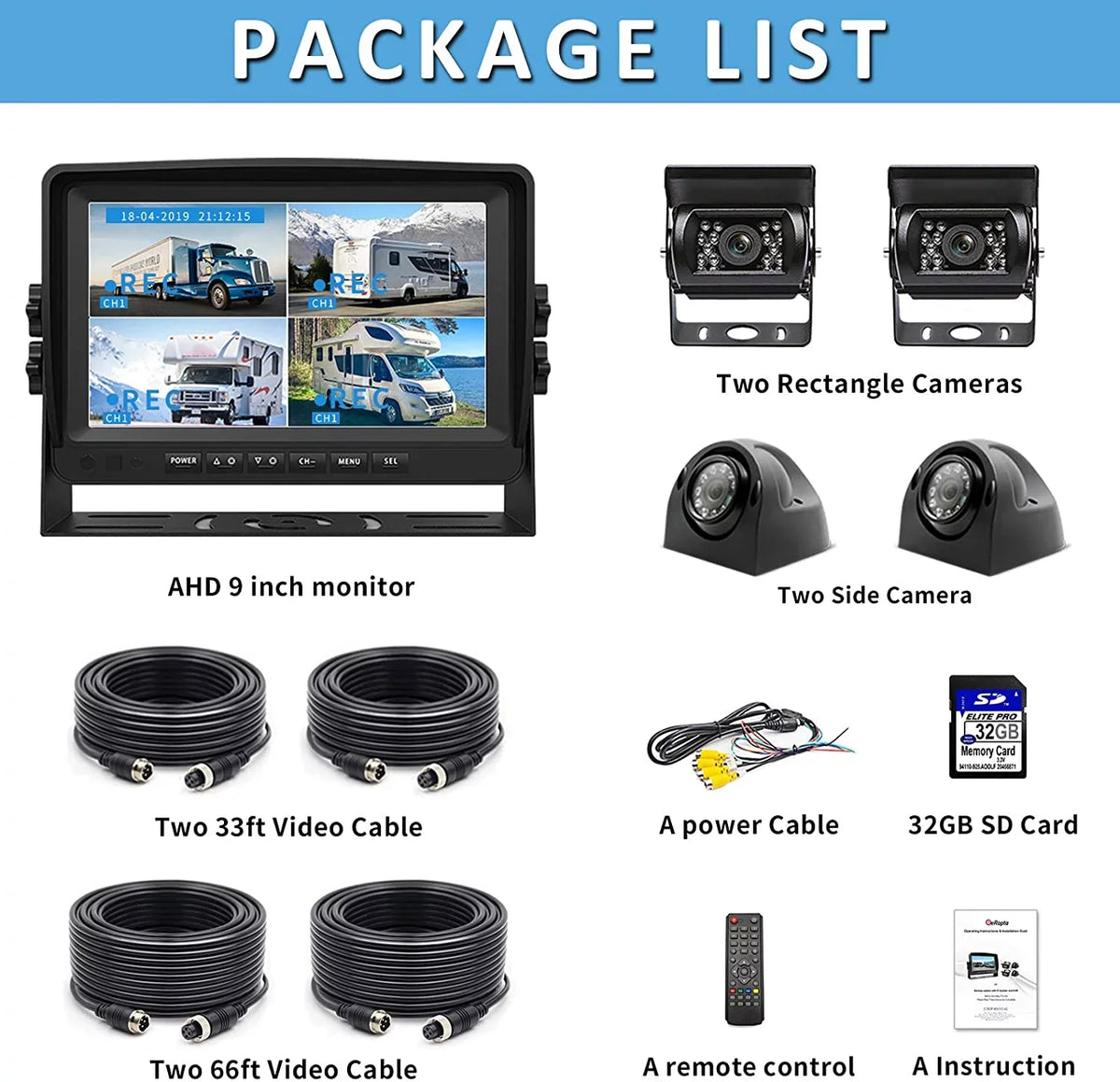 9 inch View Record Moistureproof Night Camera eRapta Function Rear for Vision Quad Camera Screens Trailer 4 Side IP69 Split 1080P Semi and Box Truck Backup