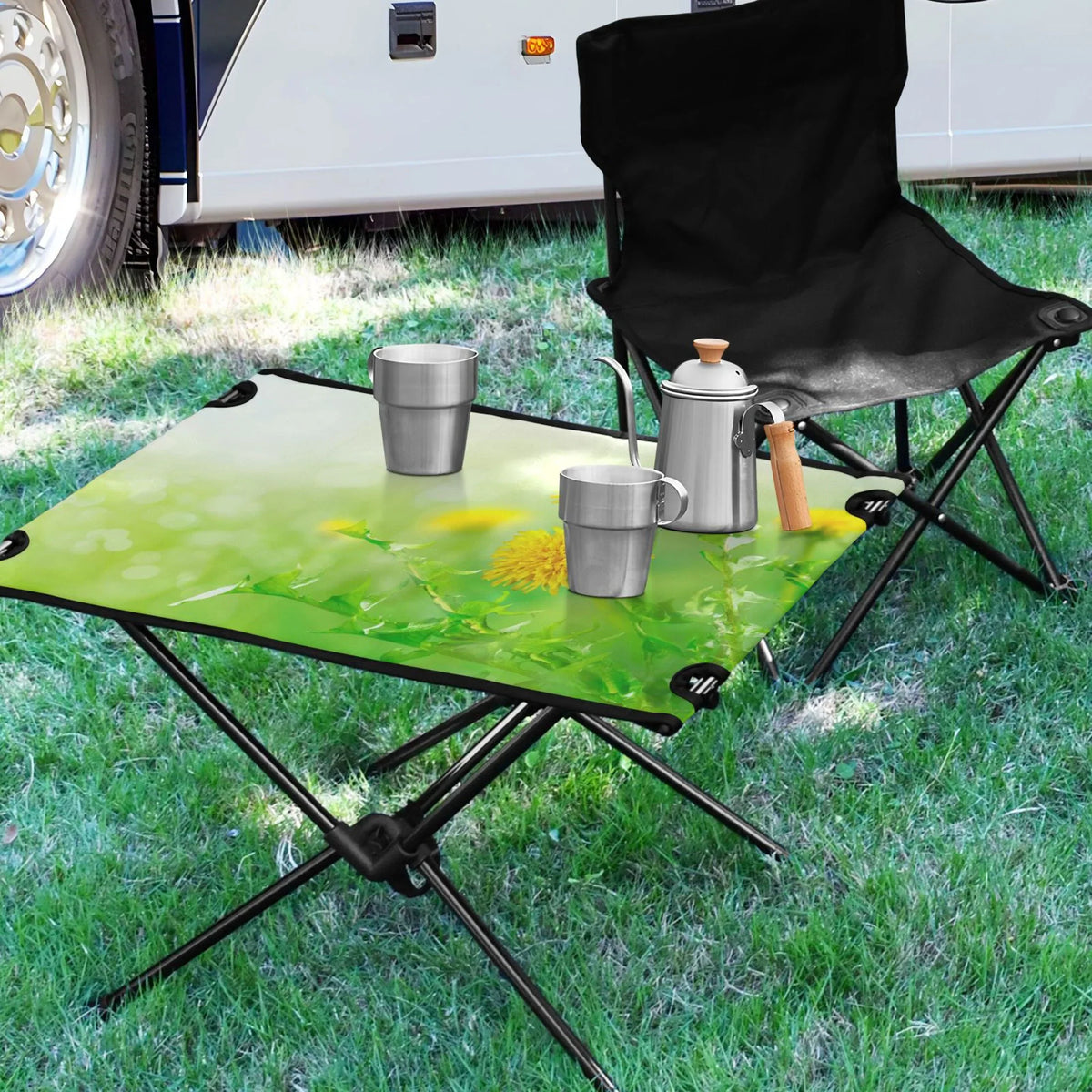 Green Travel Beach Folding Table Portable Spring Picnic Outdoor Camping Table Fishing with Flowers Compact Table Storage for Bag