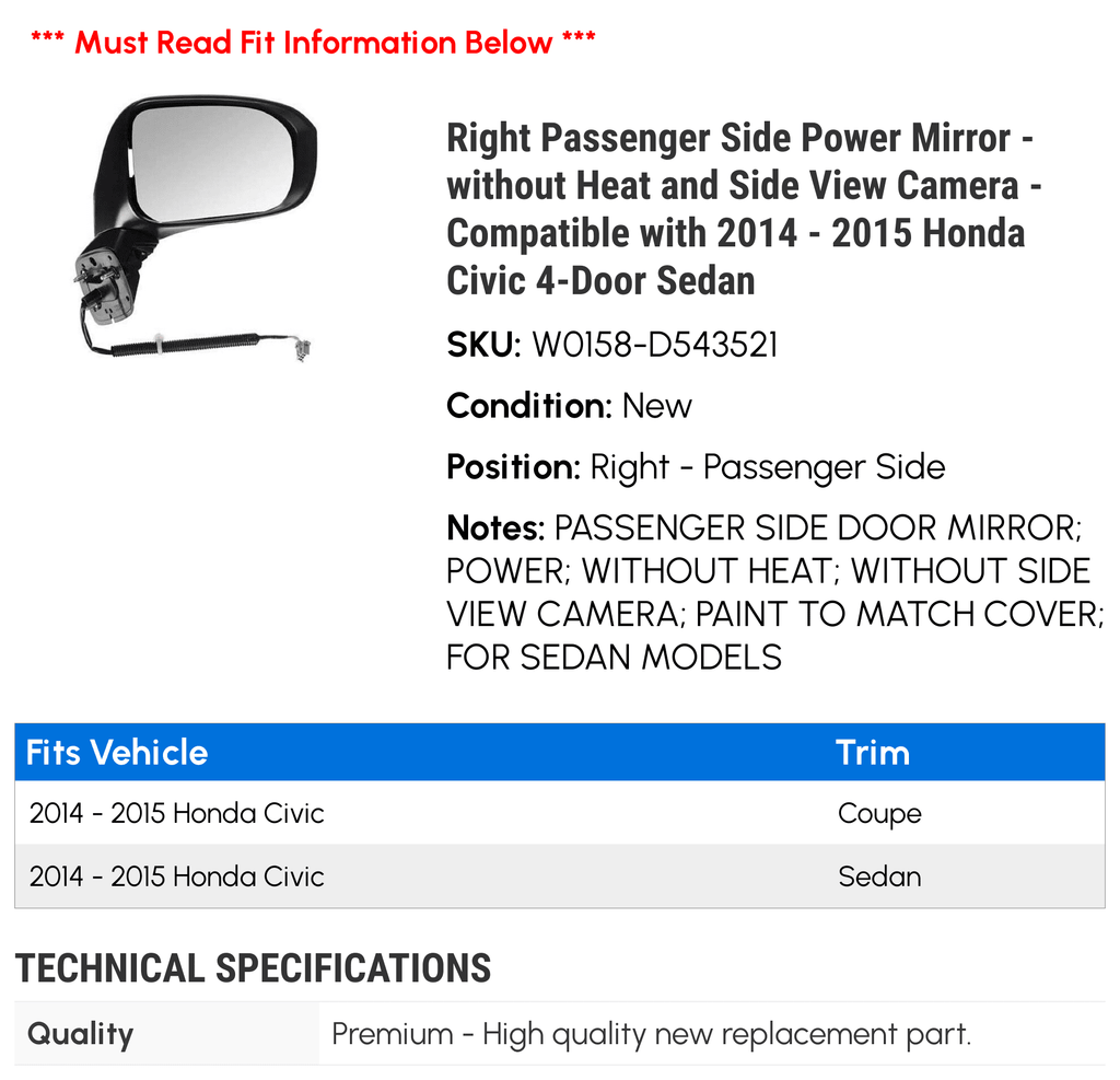 Side Camera Fits View - Side Right Power and - Civic without Mirror Passenger Sedan Heat 4-Door Honda 2015 2014 - with