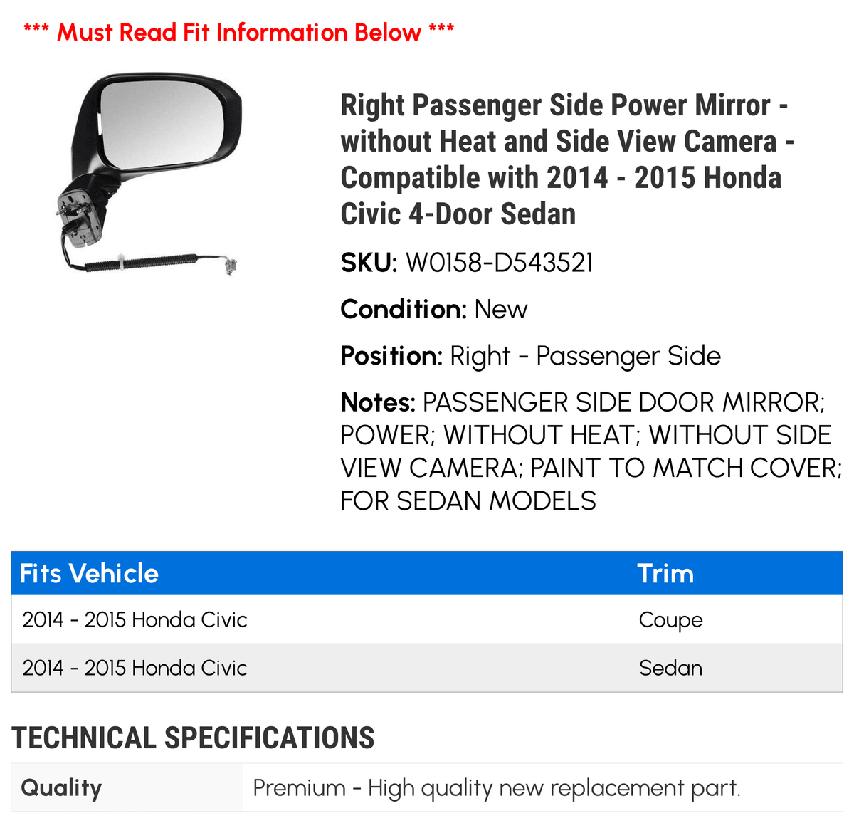Side Camera Fits View - Side Right Power and - Civic without Mirror Passenger Sedan Heat 4-Door Honda 2015 2014 - with
