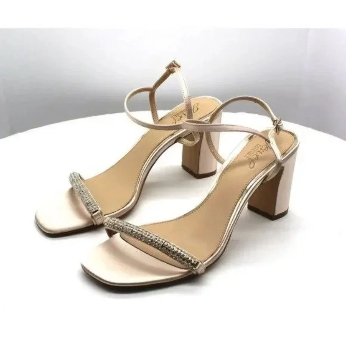 M 9.5 Strap Block Womens Toe Dress Round Beige Heeled Rhinestone Ankle Charlee Sandal Buckle Heel