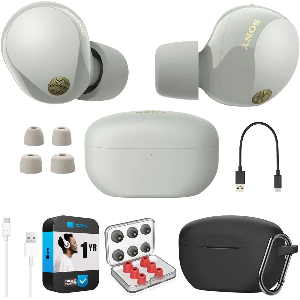 '-C Canceling (Black), Bundle Noise Case Enhanced -A Sony Wireless to -1000XM5 Memory Foam Cable Industry Tips, 1 Pack (Silver) with Silicone Ear Earbuds Protection & Leading Truly