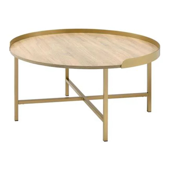 Oak x Metal in. Wood HomeRoots & Round 490508 34 Gold Manufactured Coffee & 18 34 Table x