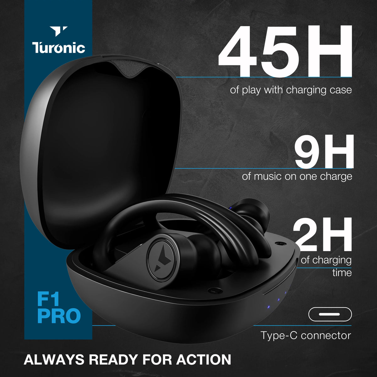 Earhook - for Charging Pro F1 Turonic Earbuds Headphones IPX7 Wireless Wireless True - 45H Running, Mic, Gym, case, with Sport w/Microphone Black Workout Playtime, - - Earphones Bluetooth Moistureproof