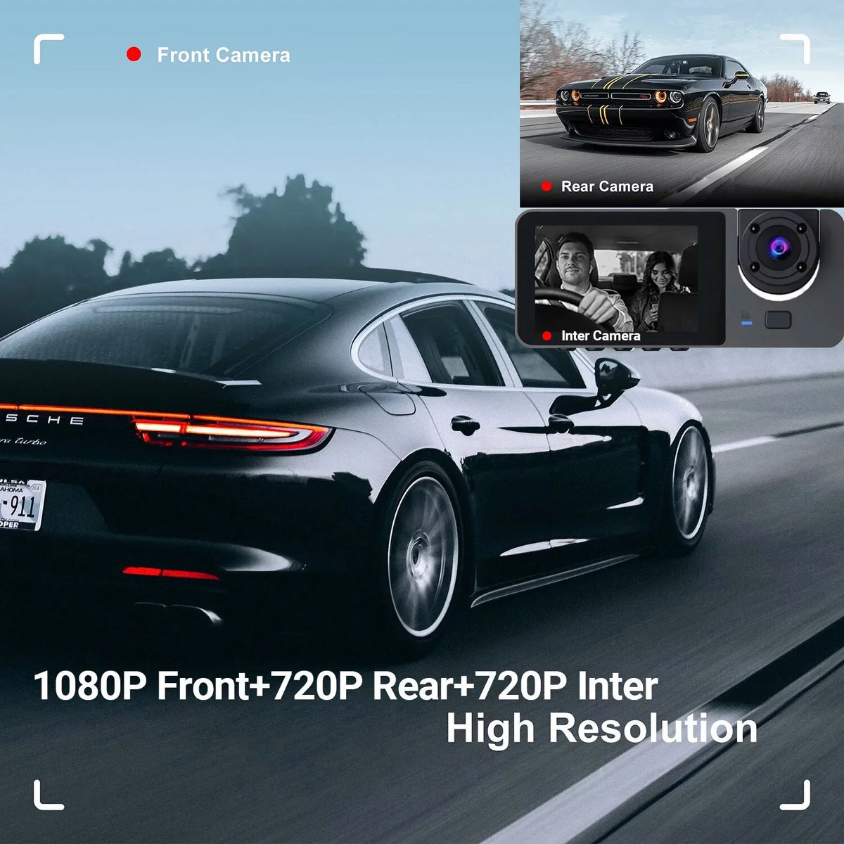 Cam, Loop Camera, Way Rear Three Inside Dash Triple Monitor, Cam Car Parking Driving G-Sensor, Vision, Cars, Night 1080P Backup Channel for Hanru Recorder, Dash 170°, Front 3 Recording,