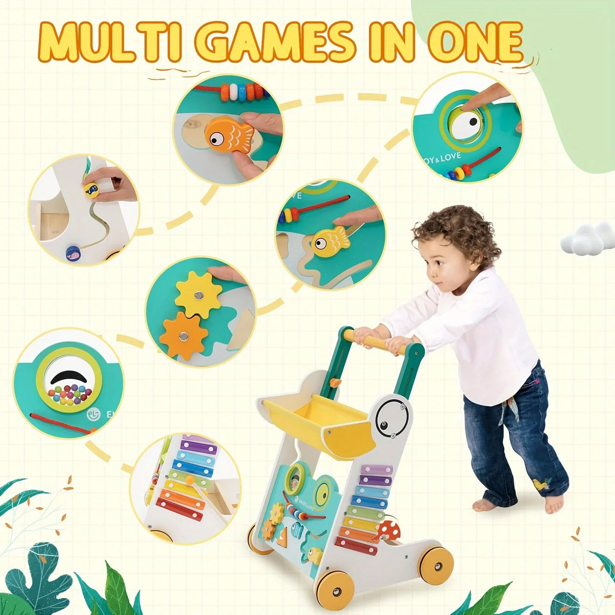 Multiple for Baby Learning Baby Infants Kids Activity Push Toddler Walker Along Toy Entertainment Sit-to-Stand Wooden Boys Push Walker Girls Trolley Sorter Shape with Fishing Center Xylophone