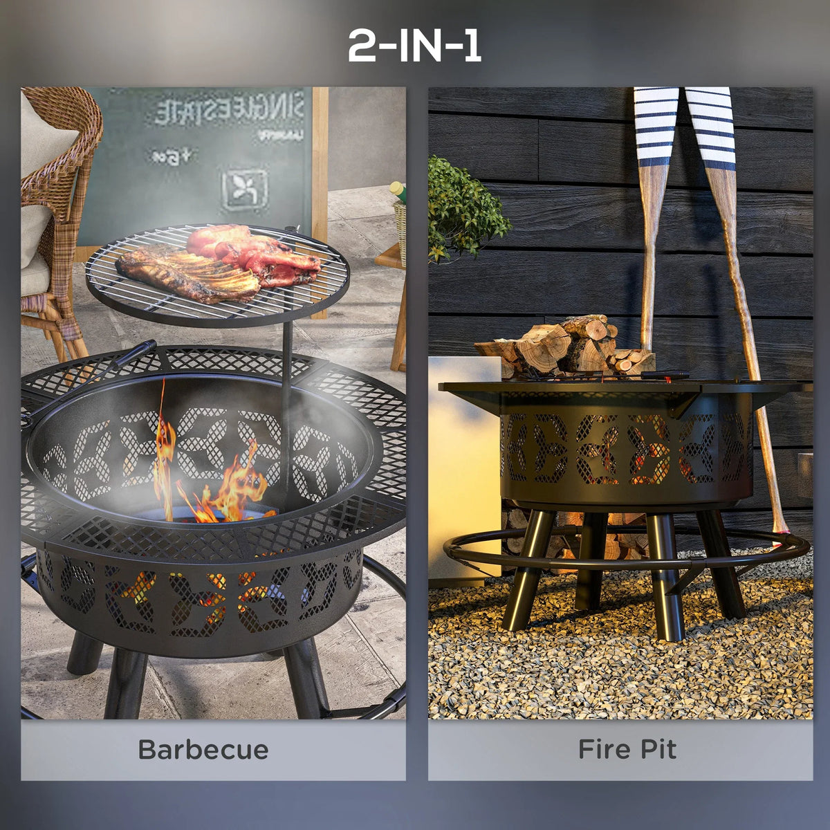 Grate Round, Wood Adjustable and with Poker, Pit Picnic, Black Cooking Firepit for Grill Burning Fire Capri Outdoor Backyard, 33" Patio,
