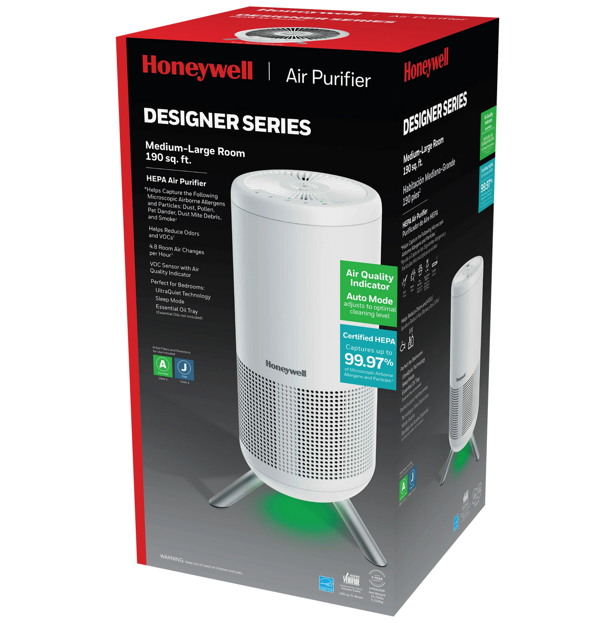 Designer Honeywell HPA830W Tower, ft, 190 sq Series White, Air Purifier