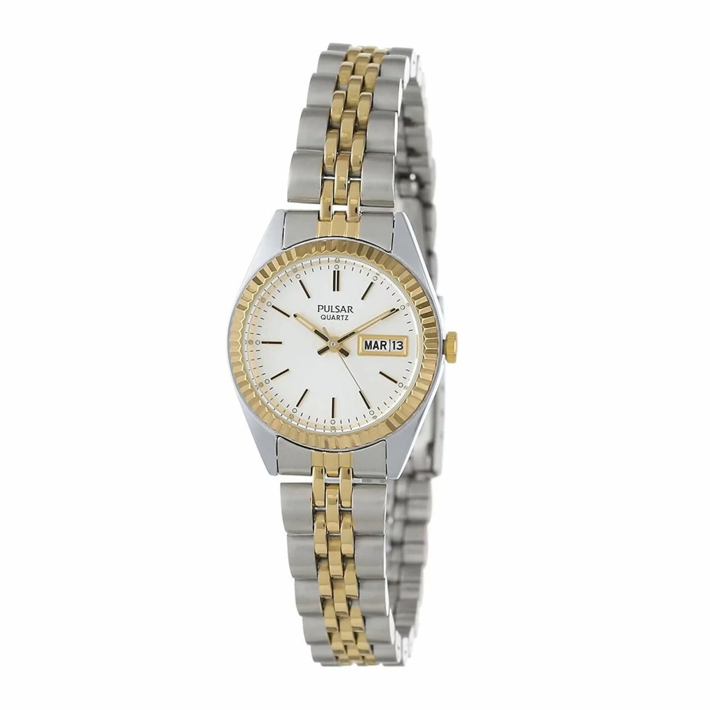 Watch Bracelet Case White Day/Date Gold-Tone Face Ladies Stainless -