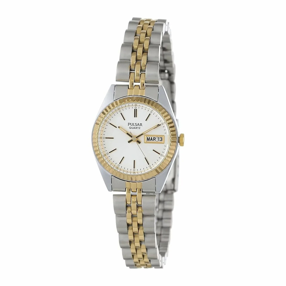 Watch Bracelet Case White Day/Date Gold-Tone Face Ladies Stainless -