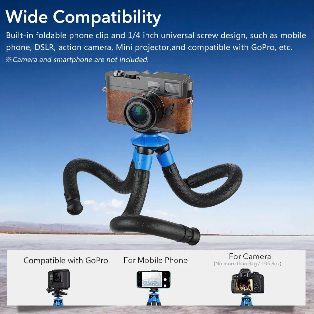 Mobile Phone Max Clip -JJ07 Foldable Travel Tripod Load Camera Portable Flexible Fits Detachable GoPro Octopus with Mini Tripod with Phone 3kg