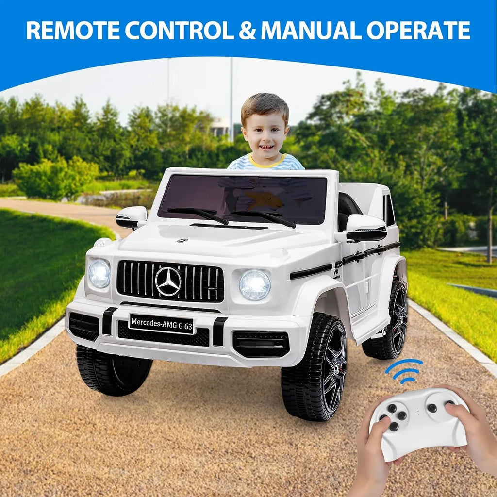Safety Lock G63 , Kids Ride Control, Powered Music, on Bluetooth, Light, 12V Spring Benz Battery Licensed Electric Vehicle, Horn, White Electric Mercedes Suspension, w/Remote Car Car,