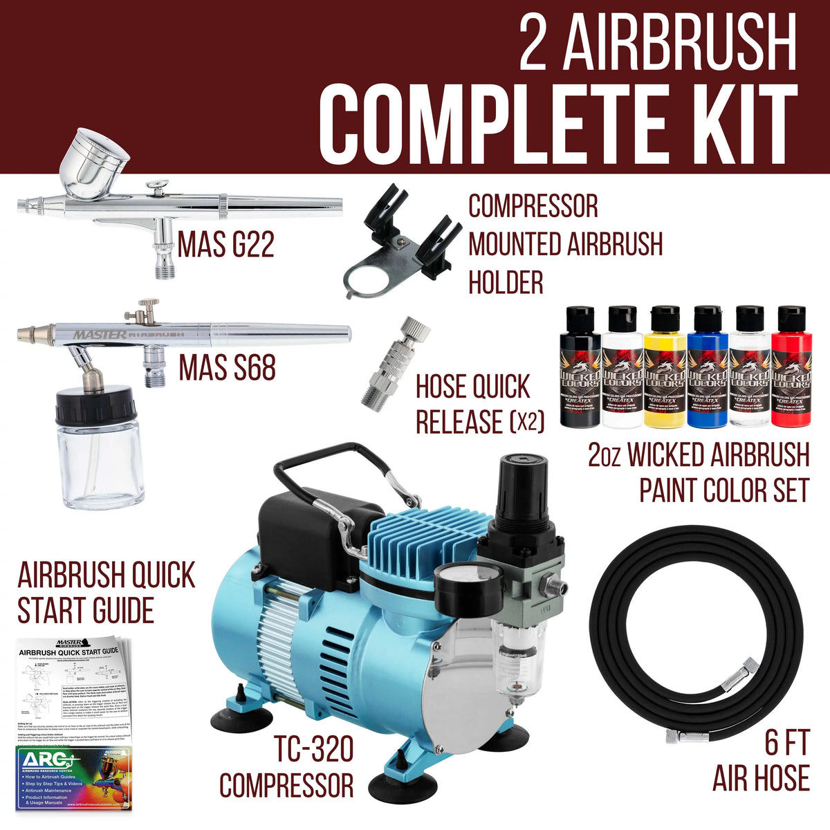 Master Airbrush Kit Colors -20, Wicked Master Createx with E91 Air & Hose 6 S68, Professional Compressor G22,